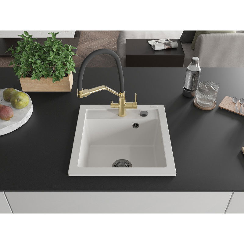Mexen Vito Granite Sink 1-Bowl with Duo Kitchen Tap, White - 6503-20-671701-57-B