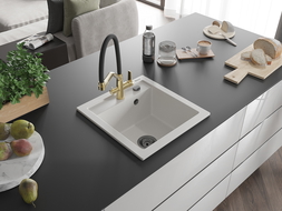 Mexen Vito 1-compartment granite sink with a kitchen mixer tap Duo, white - 6503-20-671701-57-B