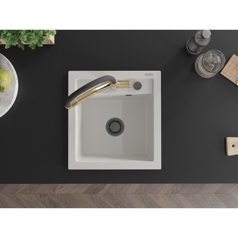 Mexen Vito 1-bowl granite sink with Duo kitchen faucet, white - 6503-20-671701-57-B
