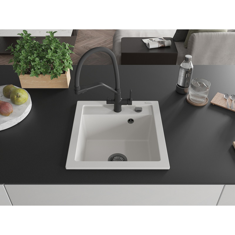 Mexen Vito 1-bowl granite kitchen sink with Duo kitchen faucet, white - 6503-20-671701-70-B