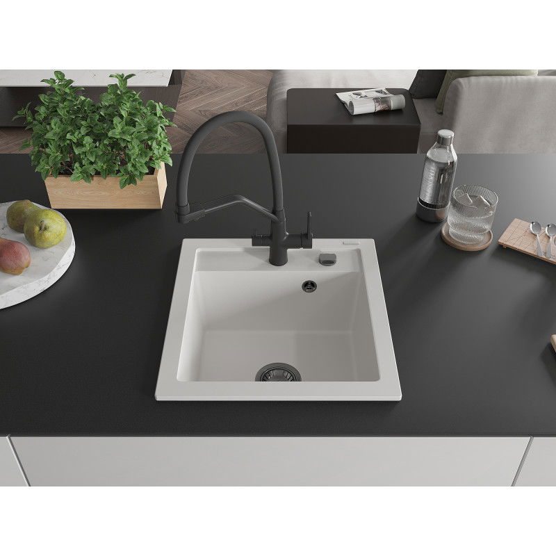 Mexen Vito 1-bowl granite sink with Duo kitchen tap, white - 6503-20-671701-70-B