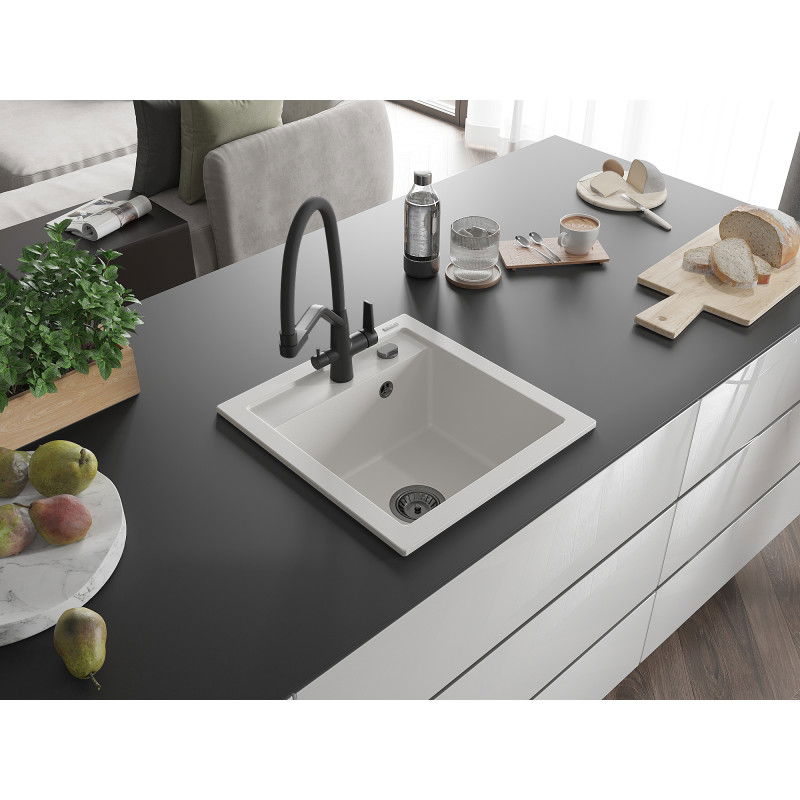 Mexen Vito 1-bowl granite sink with Duo kitchen tap, white - 6503-20-671701-70-B