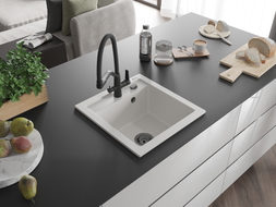 Mexen Vito 1-bowl granite sink with Duo kitchen faucet, white - 6503-20-671701-70-B
