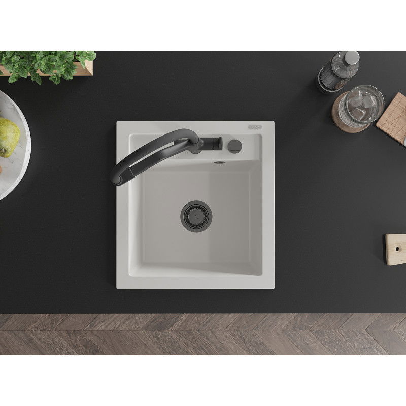 Mexen Vito 1-bowl granite sink with Duo kitchen tap, white - 6503-20-671701-70-B