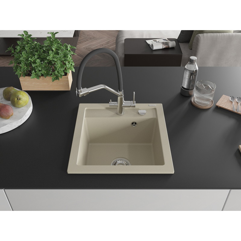 Mexen Vito granite 1-bowl kitchen sink with Duo kitchen faucet, beige - 6503-69-671701-07