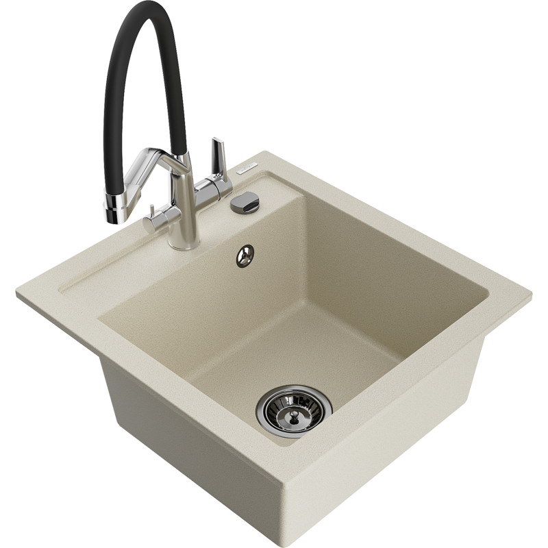 Mexen Vito 1-Bowl Granite Sink with Duo Kitchen Faucet, Beige - 6503-69-671701-07-B
