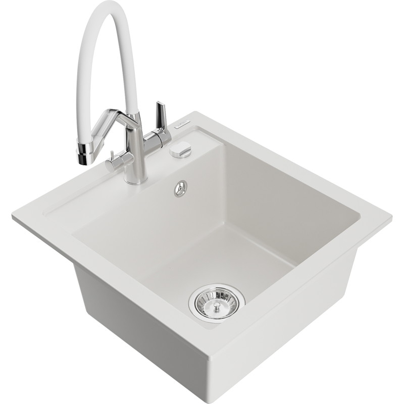 Mexen Vito 1-bowl granite kitchen sink with Duo faucet, white - 6503-20-671701-02