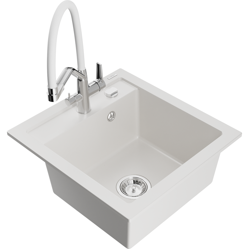 Mexen Vito 1-compartment granite sink with a kitchen mixer tap Duo, white - 6503-20-671701-02