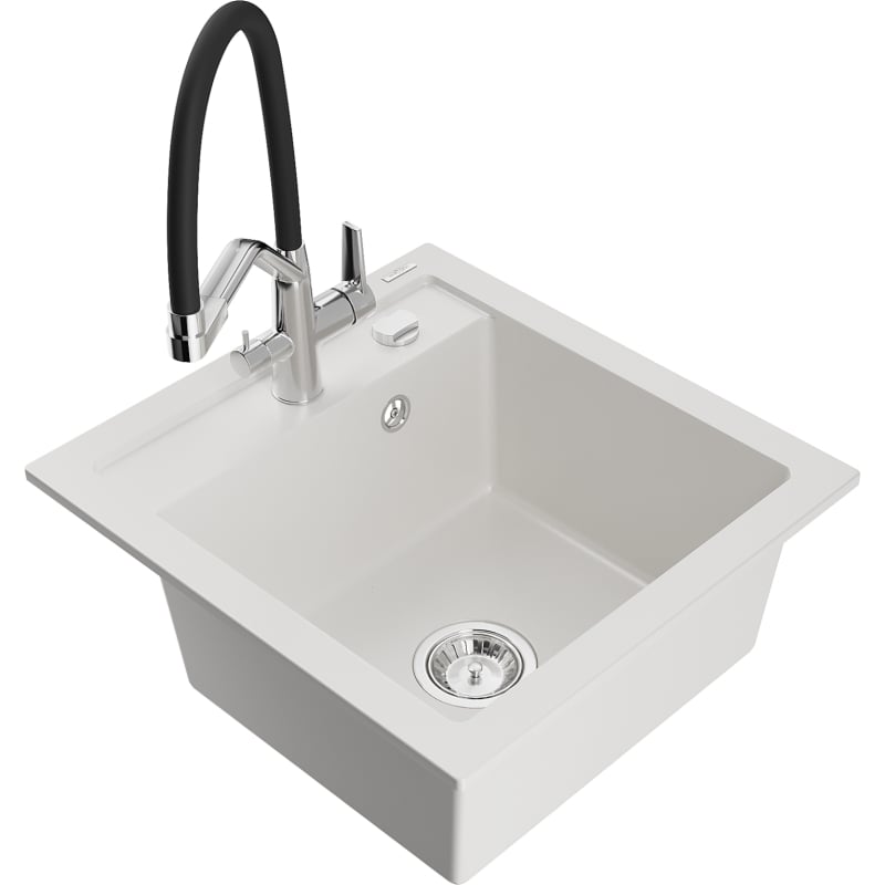 Mexen Vito 1-chamber granite sink with Duo kitchen faucet, white - 6503-20-671701-07