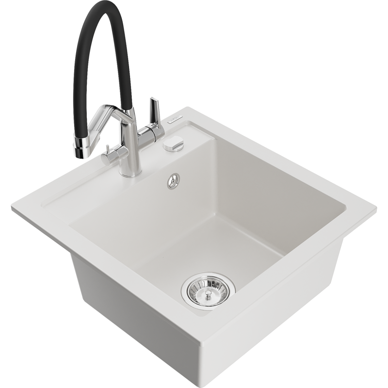 Mexen Vito granite sink 1-bowl with Duo kitchen tap, white - 6503-20-671701-07