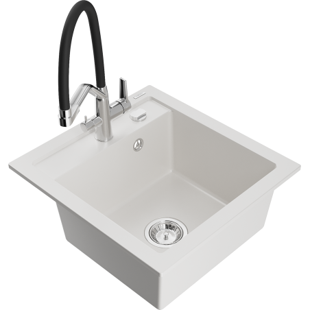 Mexen Vito granite sink 1-bowl with Duo kitchen tap, white - 6503-20-671701-07