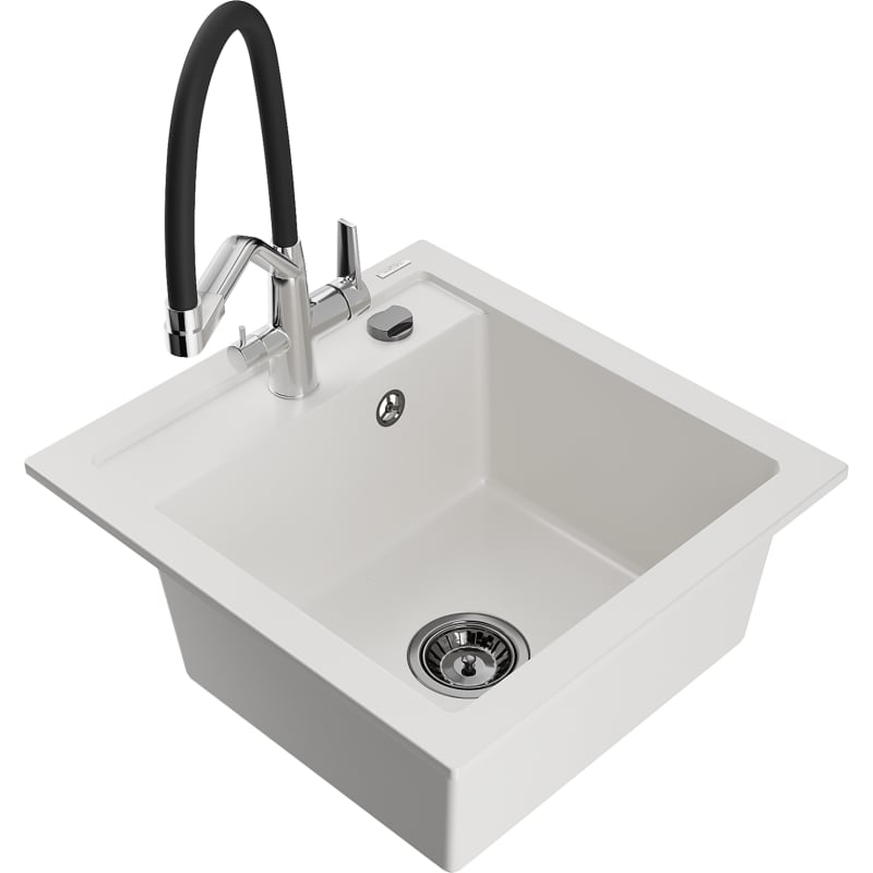 Mexen Vito 1-bowl granite sink with Duo kitchen faucet, white - 6503-20-671701-07-B