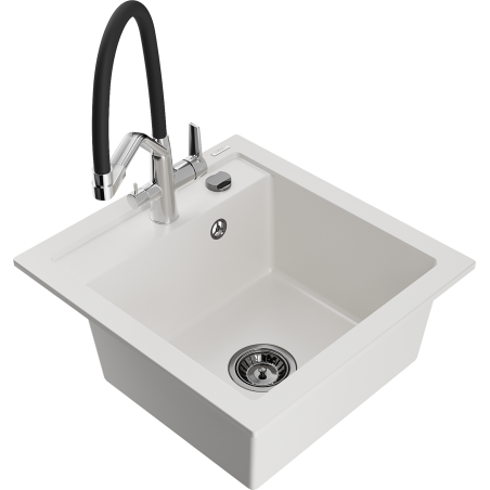 Mexen Vito 1-bowl granite sink with Duo kitchen faucet, white - 6503-20-671701-07-B