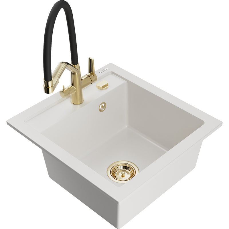Mexen Vito 1-Bowl Granite Sink with Duo Kitchen Tap, White - 6503-20-671701-57-G