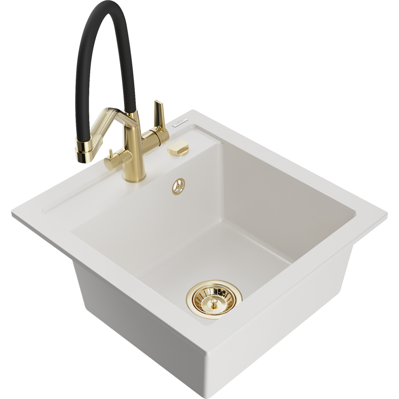 Mexen Vito 1-compartment granite sink with a kitchen mixer tap Duo, white - 6503-20-671701-57-G