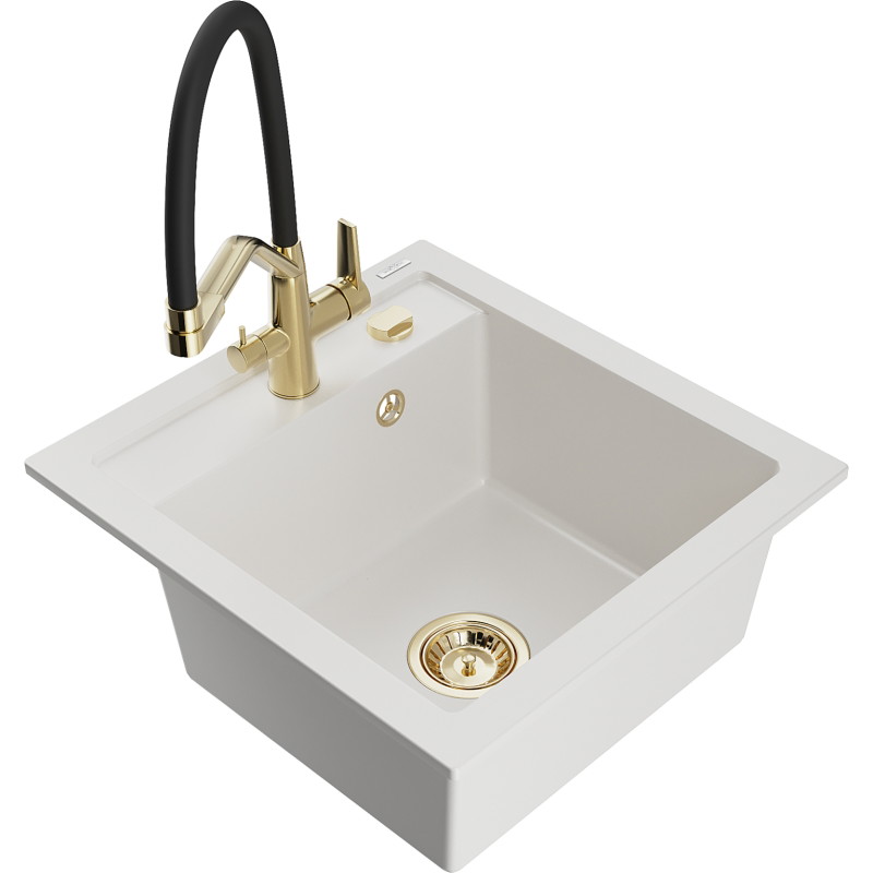 Mexen Vito granite kitchen sink 1-bowl with Duo kitchen faucet, white - 6503-20-671701-57-G