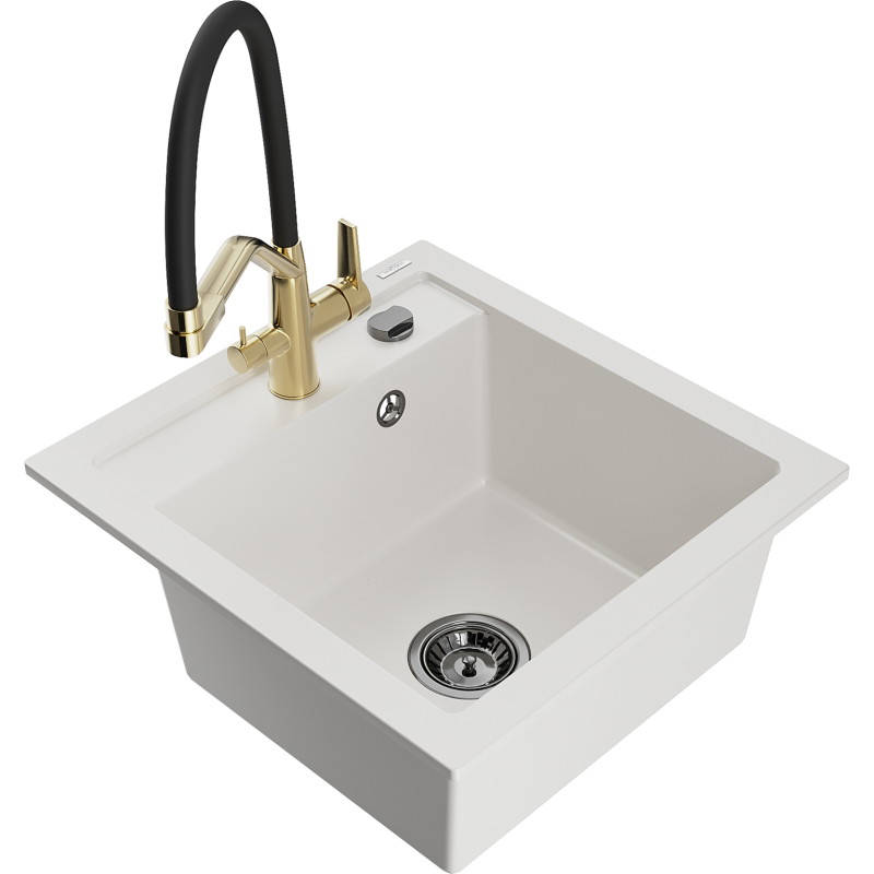 Mexen Vito 1-bowl granite sink with Duo kitchen faucet, white - 6503-20-671701-57-B