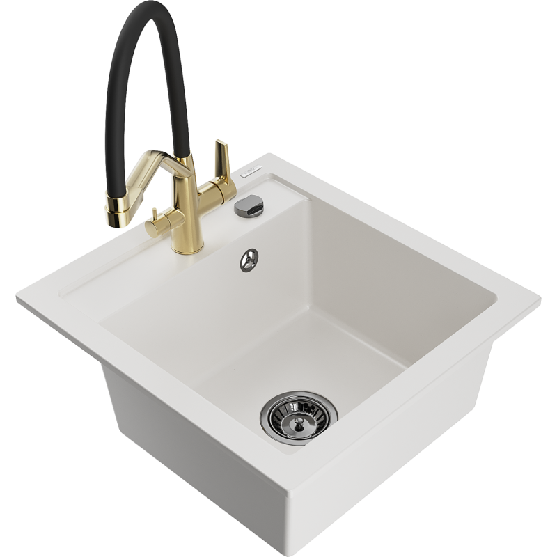 Mexen Vito 1-compartment granite sink with a kitchen mixer tap Duo, white - 6503-20-671701-57-B