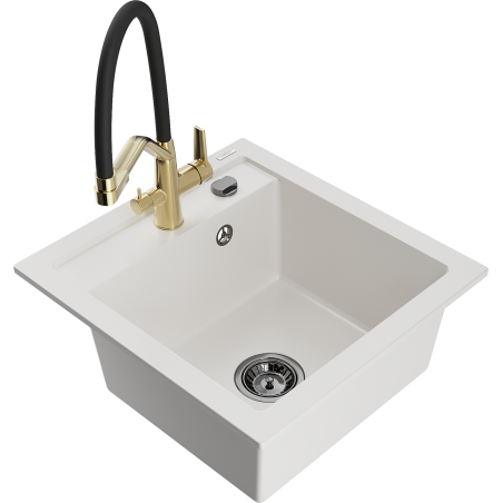 Mexen Vito Granite Sink 1-Bowl with Duo Kitchen Tap, White - 6503-20-671701-57-B