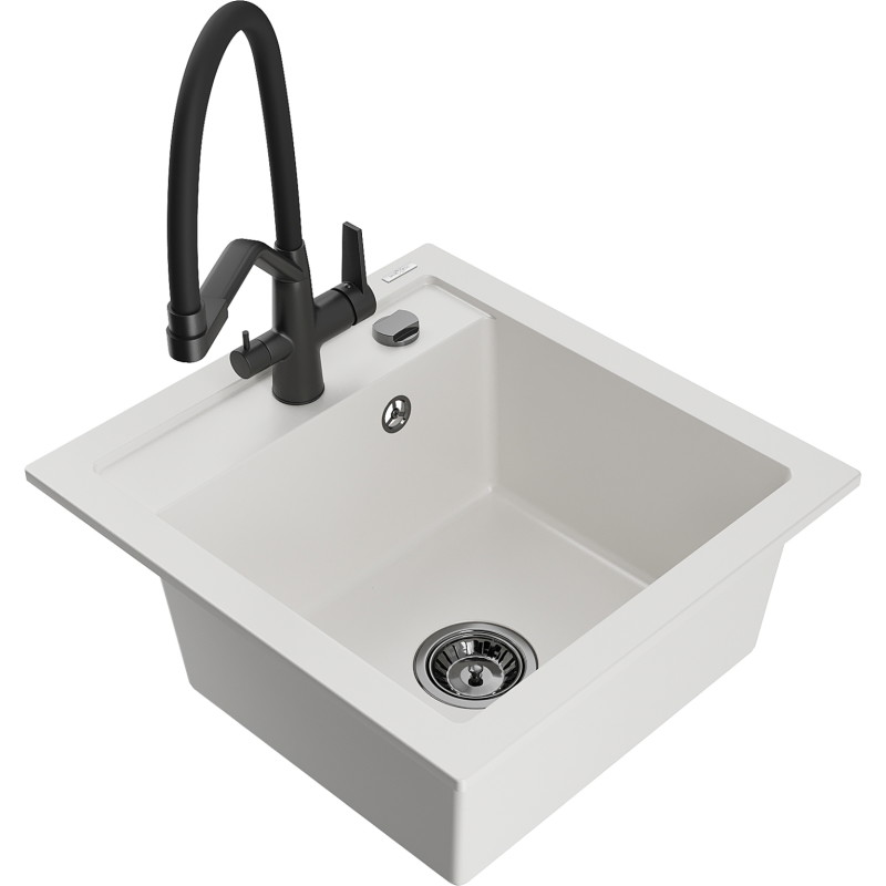 Mexen Vito 1-bowl granite sink with Duo kitchen faucet, white - 6503-20-671701-70-B
