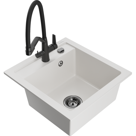 Mexen Vito 1-bowl granite kitchen sink with Duo kitchen faucet, white - 6503-20-671701-70-B