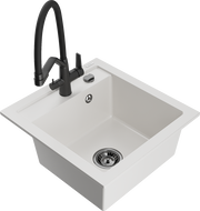 Mexen Vito 1-bowl granite sink with Duo kitchen tap, white - 6503-20-671701-70-B