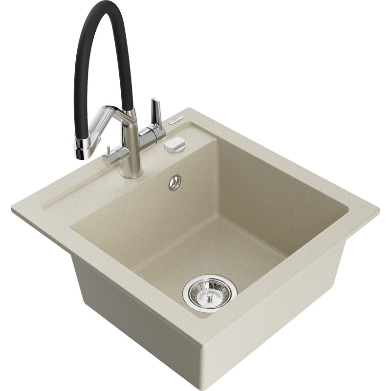 Mexen Vito 1-Bowl Granite Sink with Duo Kitchen Faucet, Beige - 6503-69-671701-07