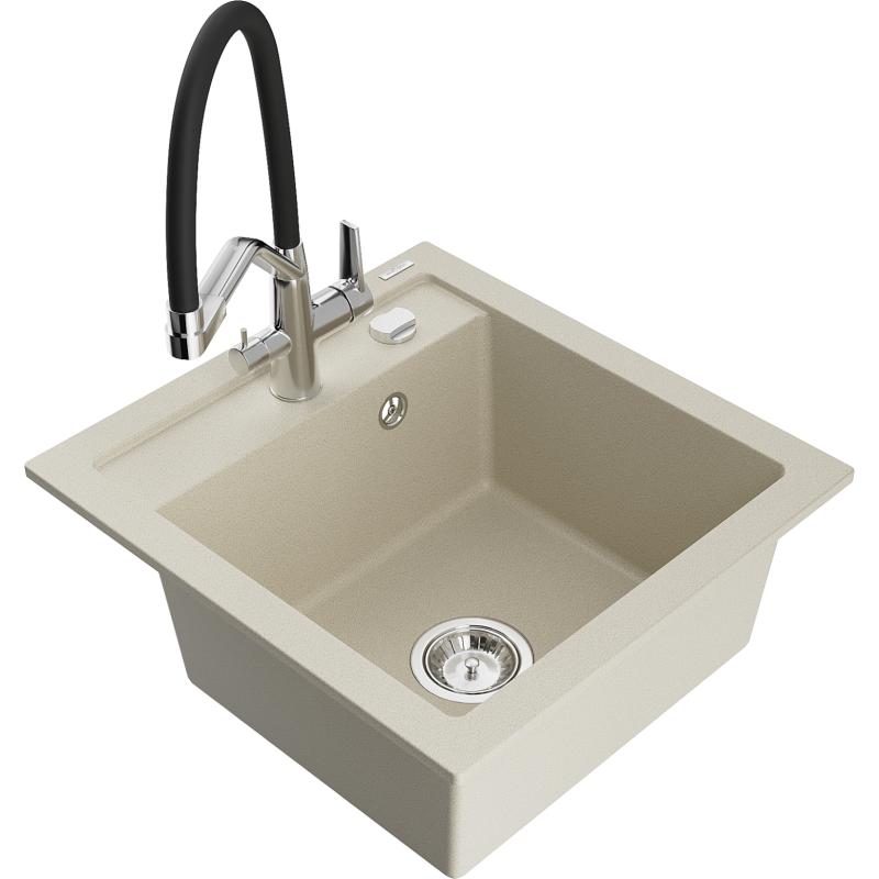 Mexen Vito 1-bowl granite sink with Duo kitchen mixer tap, beige - 6503-69-671701-07