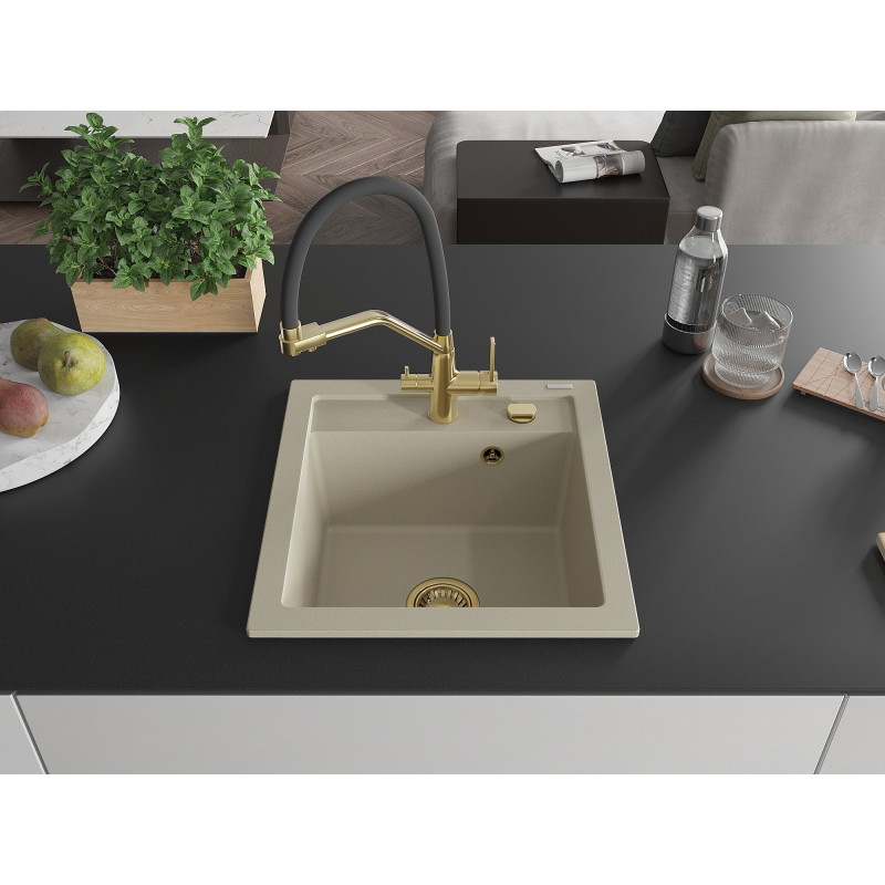 Mexen Vito 1-bowl granite sink with Duo kitchen faucet, beige - 6503-69-671701-57-G