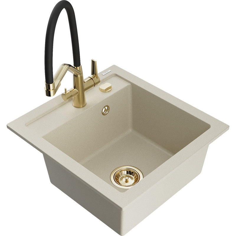 Mexen Vito granite sink 1-bowl with Duo kitchen faucet, beige - 6503-69-671701-57-G