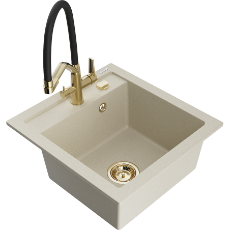Mexen Vito granite sink 1-bowl with Duo kitchen faucet, beige - 6503-69-671701-57-G