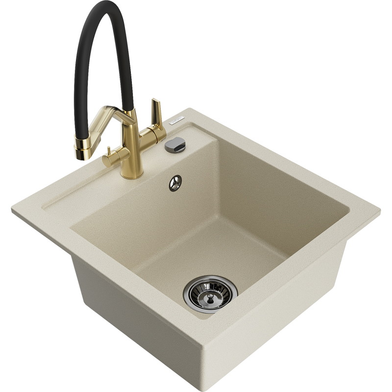 Mexen Vito 1-bowl granite sink with Duo kitchen faucet, beige - 6503-69-671701-57-B