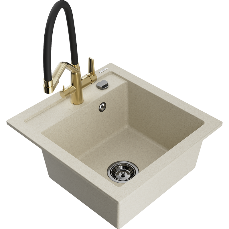 Mexen Vito granite sink 1-bowl with Duo kitchen tap, beige - 6503-69-671701-57-B