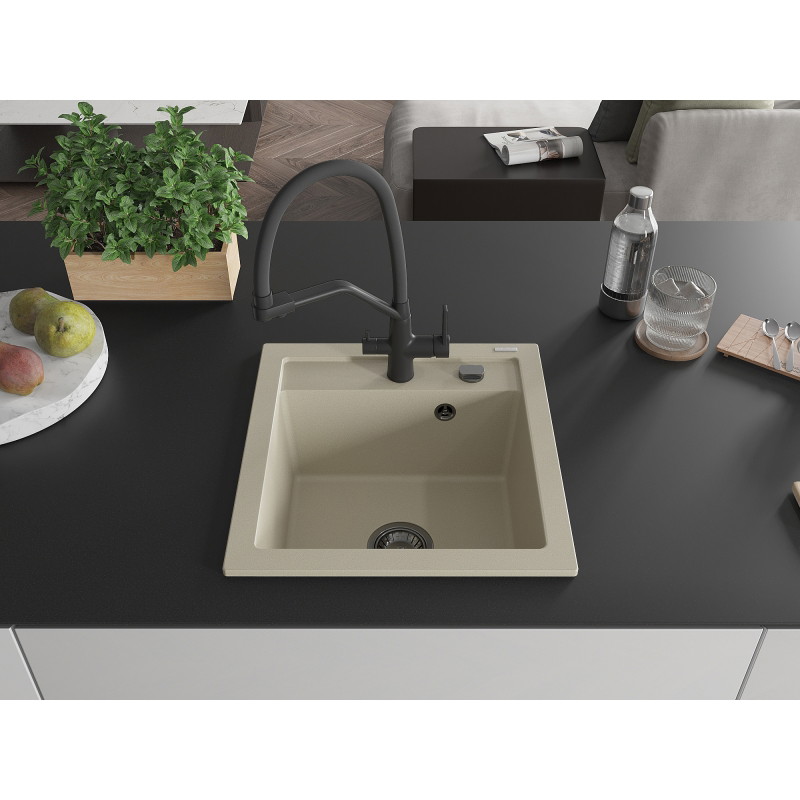 Mexen Vito 1-Bowl Granite Sink with Duo Kitchen Faucet, Beige - 6503-69-671701-70-B