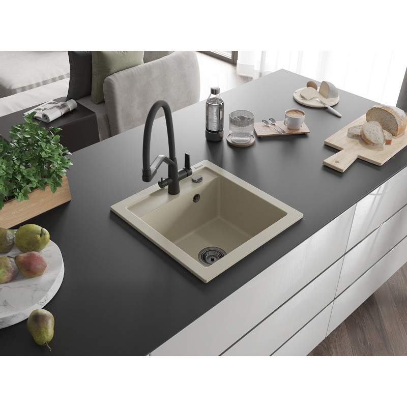Mexen Vito 1-Bowl Granite Sink with Duo Kitchen Faucet, Beige - 6503-69-671701-70-B
