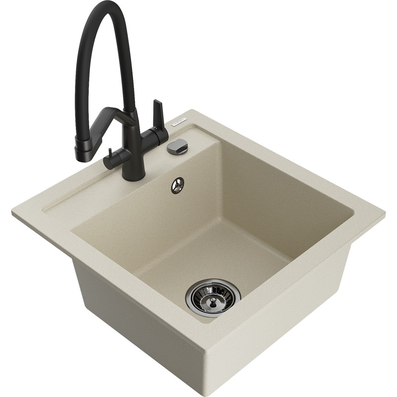 Mexen Vito 1-Bowl Granite Sink with Duo Kitchen Faucet, Beige - 6503-69-671701-70-B