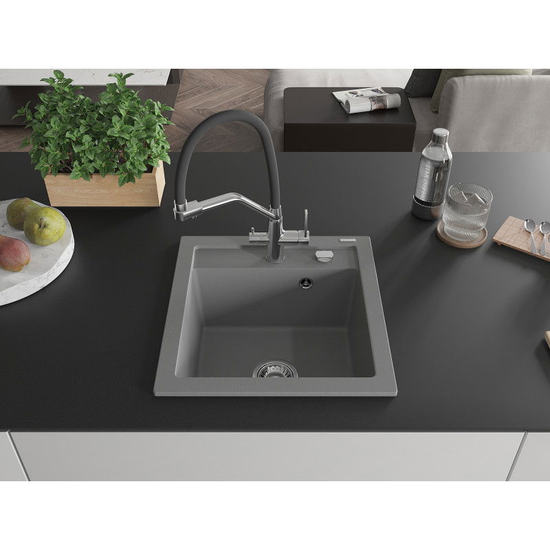 Mexen Vito 1-bowl granite sink with Duo kitchen tap, grey - 6503-71-671701-07