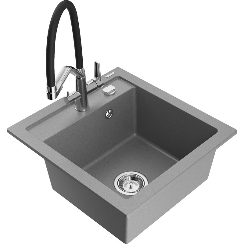 Mexen Vito granite sink 1-bowl with Duo kitchen faucet, gray - 6503-71-671701-07