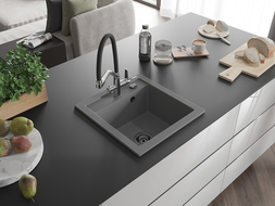 Mexen Vito Granite Sink 1-Bowl with Duo Kitchen Tap, Grey - 6503-71-671701-07-B