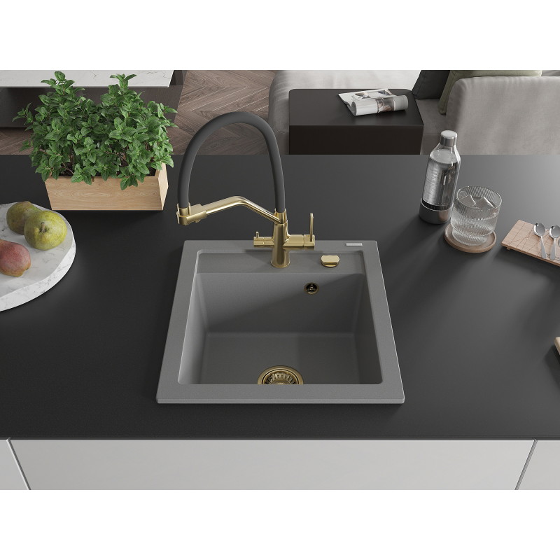 Mexen Vito granite kitchen sink 1-bowl with Duo kitchen faucet, gray - 6503-71-671701-57-G