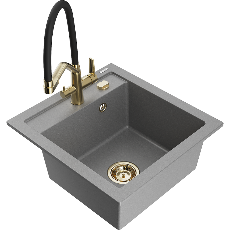 Mexen Vito 1-Bowl Granite Kitchen Sink with Duo Tap, Grey - 6503-71-671701-57-G