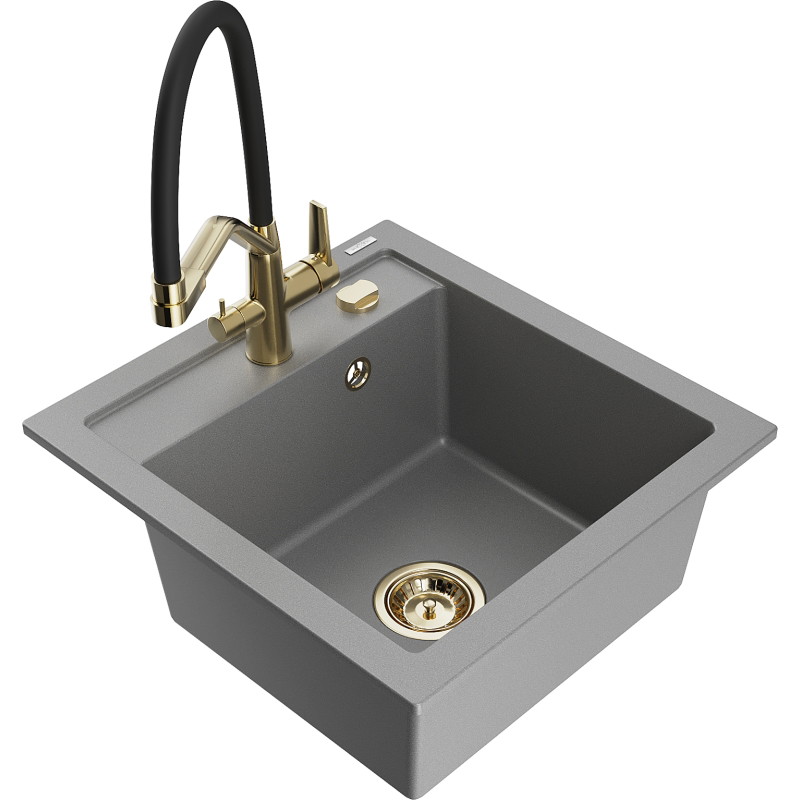 Mexen Vito granite kitchen sink 1-bowl with Duo kitchen faucet, gray - 6503-71-671701-57-G