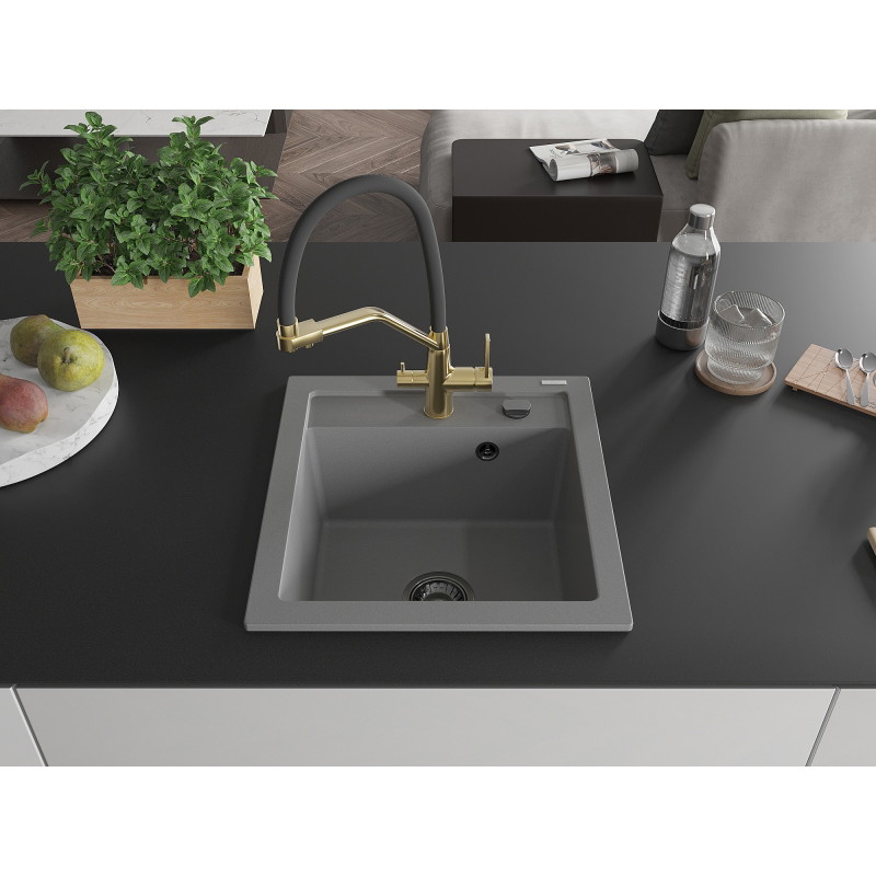 Mexen Vito single-bowl granite sink with Duo kitchen faucet, gray - 6503-71-671701-57-B
