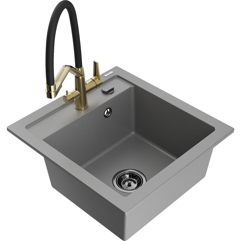 Mexen Vito 1-bowl Granite Sink with Duo Kitchen Tap, Grey - 6503-71-671701-57-B