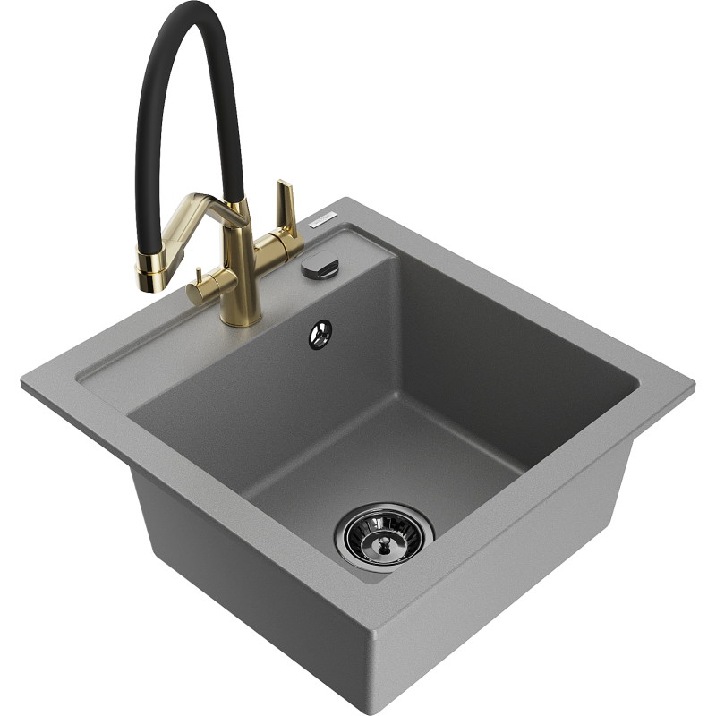 Mexen Vito single-bowl granite sink with Duo kitchen faucet, gray - 6503-71-671701-57-B