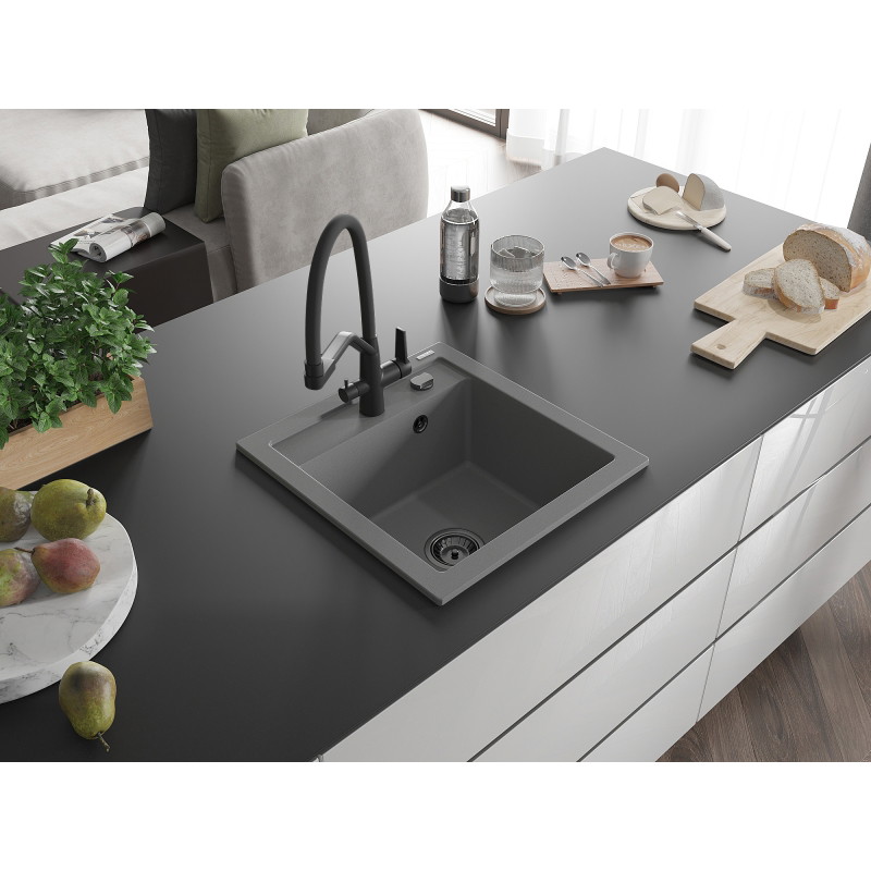 Mexen Vito 1-bowl granite sink with Duo kitchen faucet, gray - 6503-71-671701-70-B