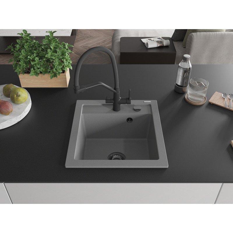 Mexen Vito 1-bowl granite sink with Duo kitchen faucet, gray - 6503-71-671701-70-B