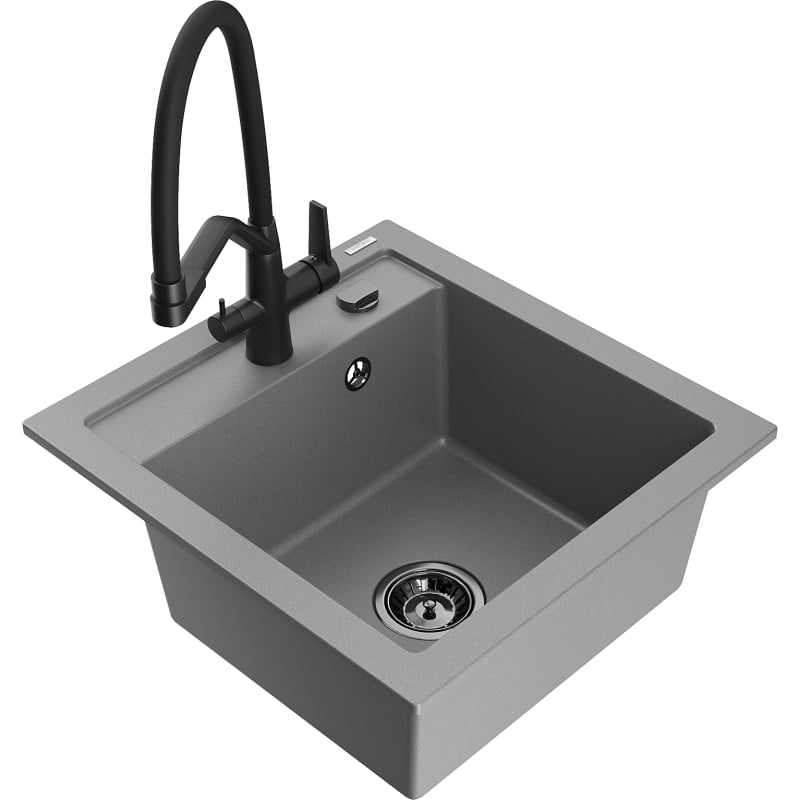 Mexen Vito 1-bowl granite sink with Duo kitchen faucet, gray - 6503-71-671701-70-B