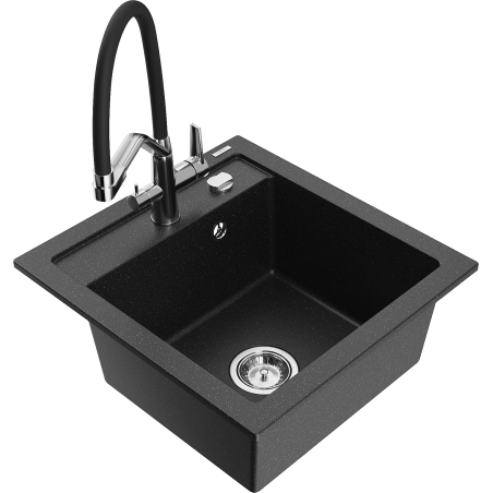 Mexen Vito 1-bowl granite kitchen sink with Duo kitchen faucet, black/silver metallic - 6503-73-671701-07