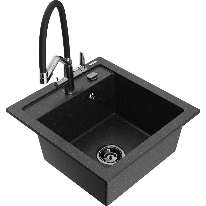 Mexen Vito 1-compartment granite sink with a kitchen mixer tap Duo, Black/ silver metallic - 6503-73-671701-07-B